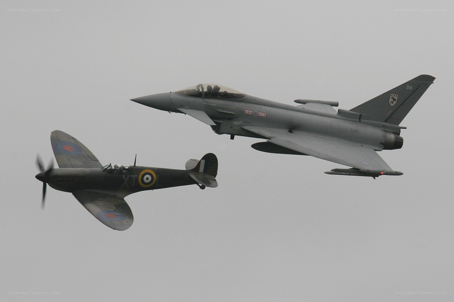 Spitfire and Typhoon in flight