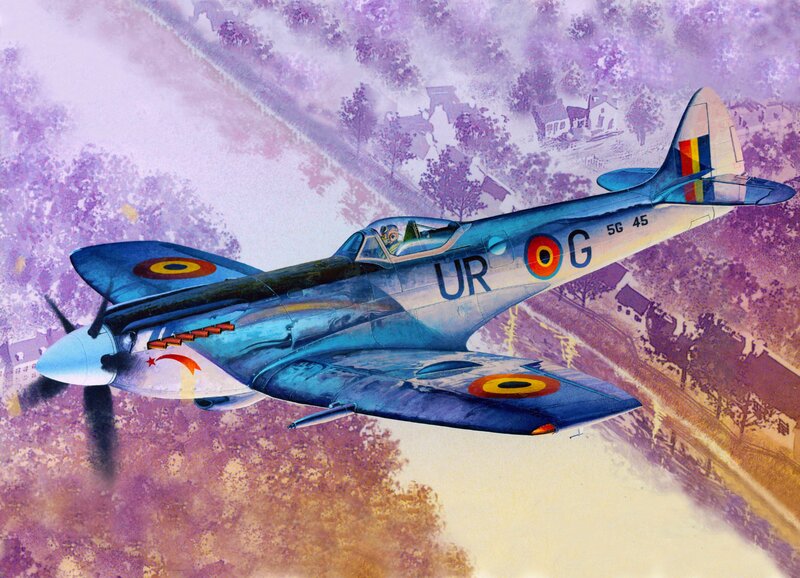 Spitfire Fighter Plane — Blue, Dramatic, Afternoon, Illustration, Aircraft