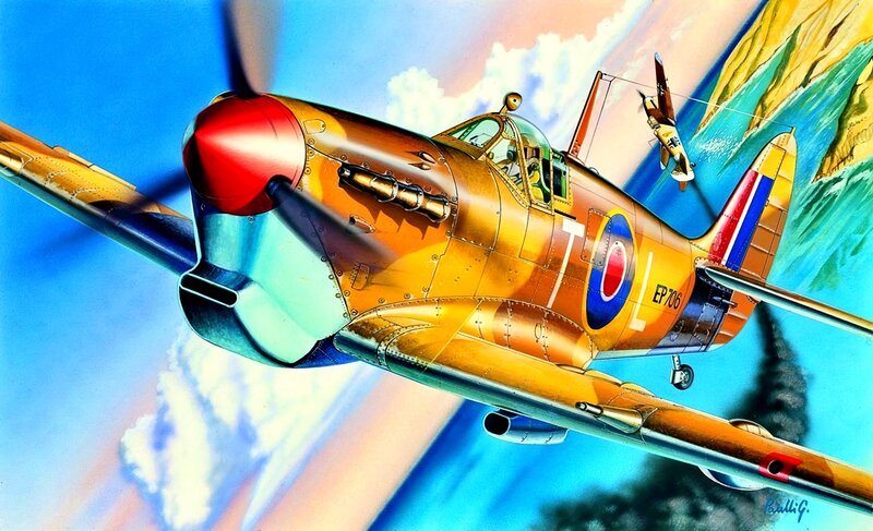 Spitfire Fighter Plane — Blue, Dramatic, Afternoon, Illustration, Airplane, Sky, Clouds