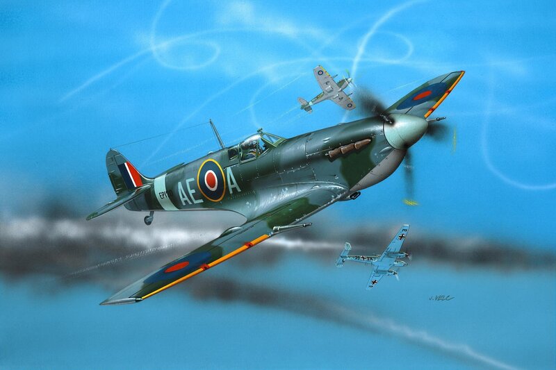 Spitfire Fighter Plane — Blue, Dramatic, Afternoon, Illustration, Airplane, Sky