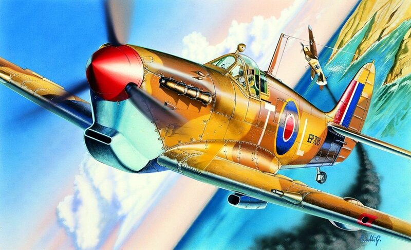 Spitfire Fighter Plane — Blue, Dramatic, Afternoon, Illustration, Airplane