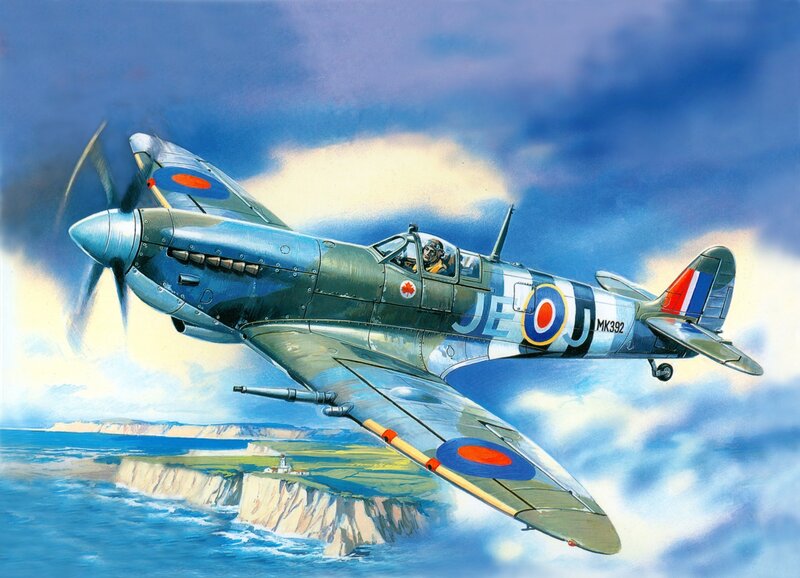 Spitfire Fighter Plane — Blue, Dramatic, Afternoon, Illustration, Pilot