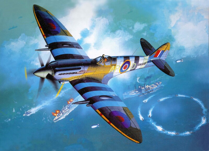 Spitfire Fighter Plane — Blue, Dramatic, Afternoon, Illustration