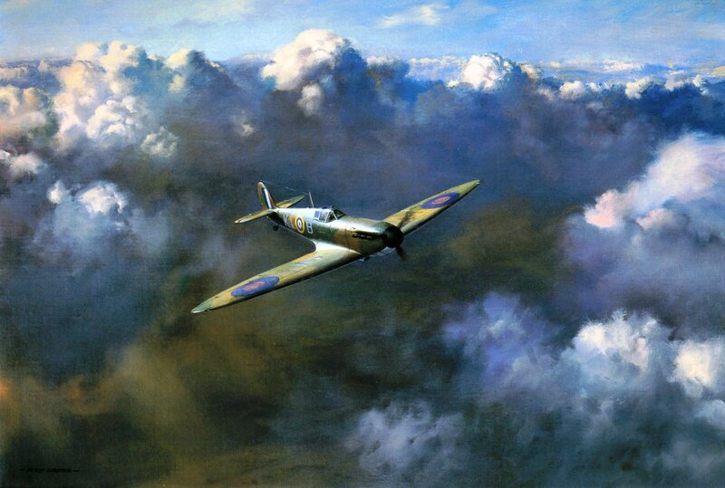 Spitfire Fighter Plane — Blue, Dramatic, Afternoon, Painting, Clouds