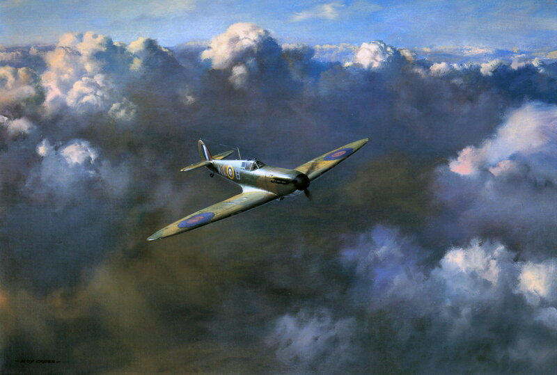 Spitfire Fighter Plane — Blue, Dramatic, Afternoon, Painting