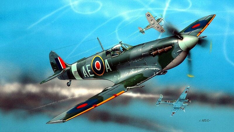 Spitfire Fighter Plane — Blue, Dramatic, Illustration, Airplane