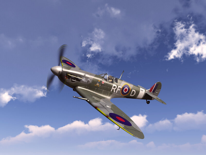 Spitfire Fighter Plane — Blue, Dynamic, Afternoon, 3d Render