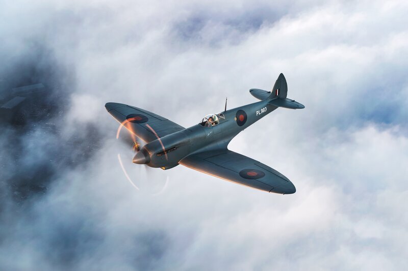 Spitfire Fighter Plane — Gray, Dramatic, Afternoon