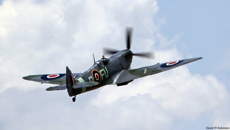 Spitfire Fighter Plane — Gray, Dynamic, Afternoon, Photograph, Propeller, Clouds