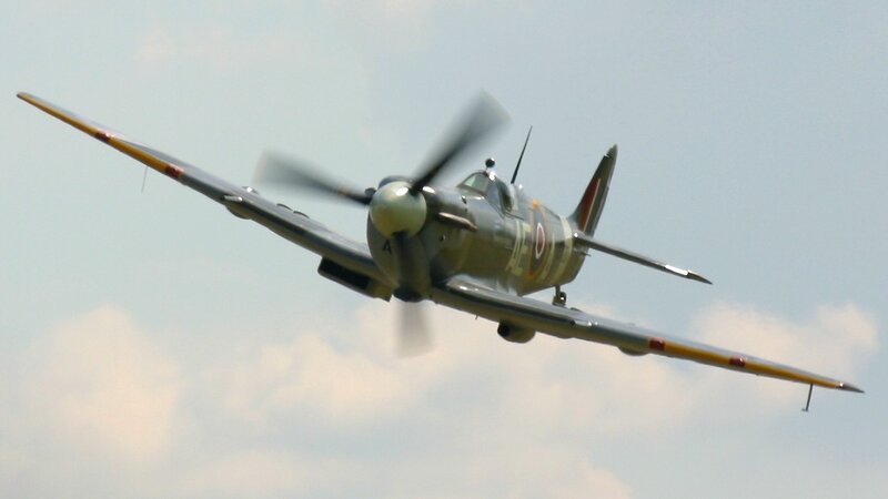 Spitfire Fighter Plane — Gray, Dynamic, Afternoon, Photograph, Propeller, Wings, Sky