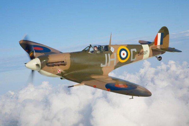 Spitfire Fighter Plane — Green, Calm, Afternoon, Photograph, Pilot, Clouds