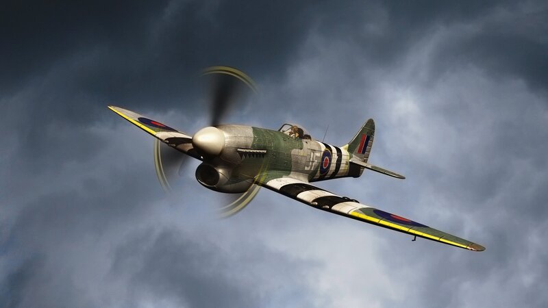 Spitfire Fighter Plane — Green, Dramatic, 3d Render, Propeller, Clouds