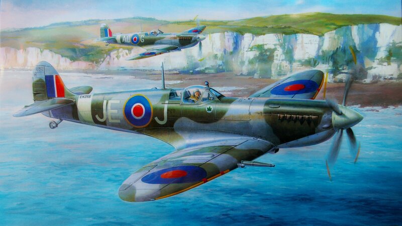 Spitfire Fighter Planes — Blue, Dramatic, Afternoon, Illustration, Aircraft
