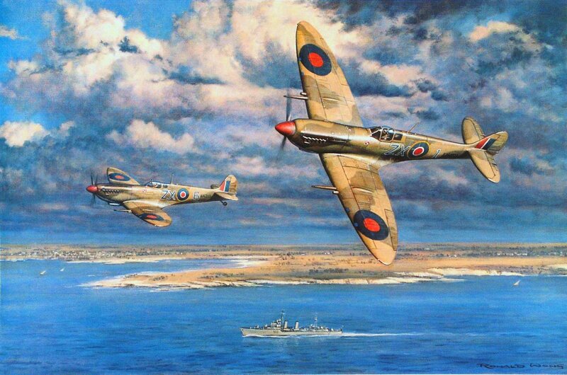 Spitfire Fighter Planes — Blue, Dramatic, Afternoon, Painting, Aircraft, Ship