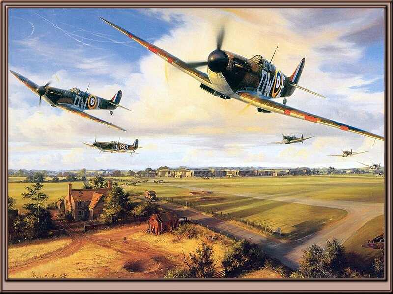 Spitfire Fighter Planes — Blue, Dramatic, Afternoon, Painting, Aircraft