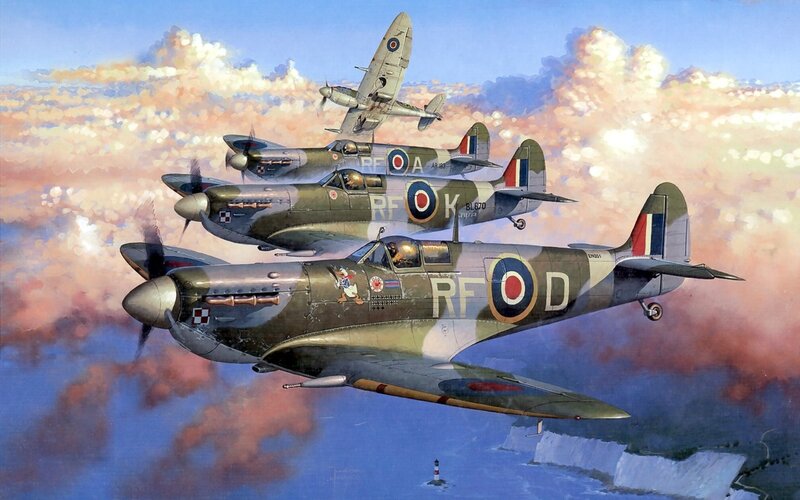 Spitfire Fighter Planes — Blue, Dramatic, Sunset, Illustration
