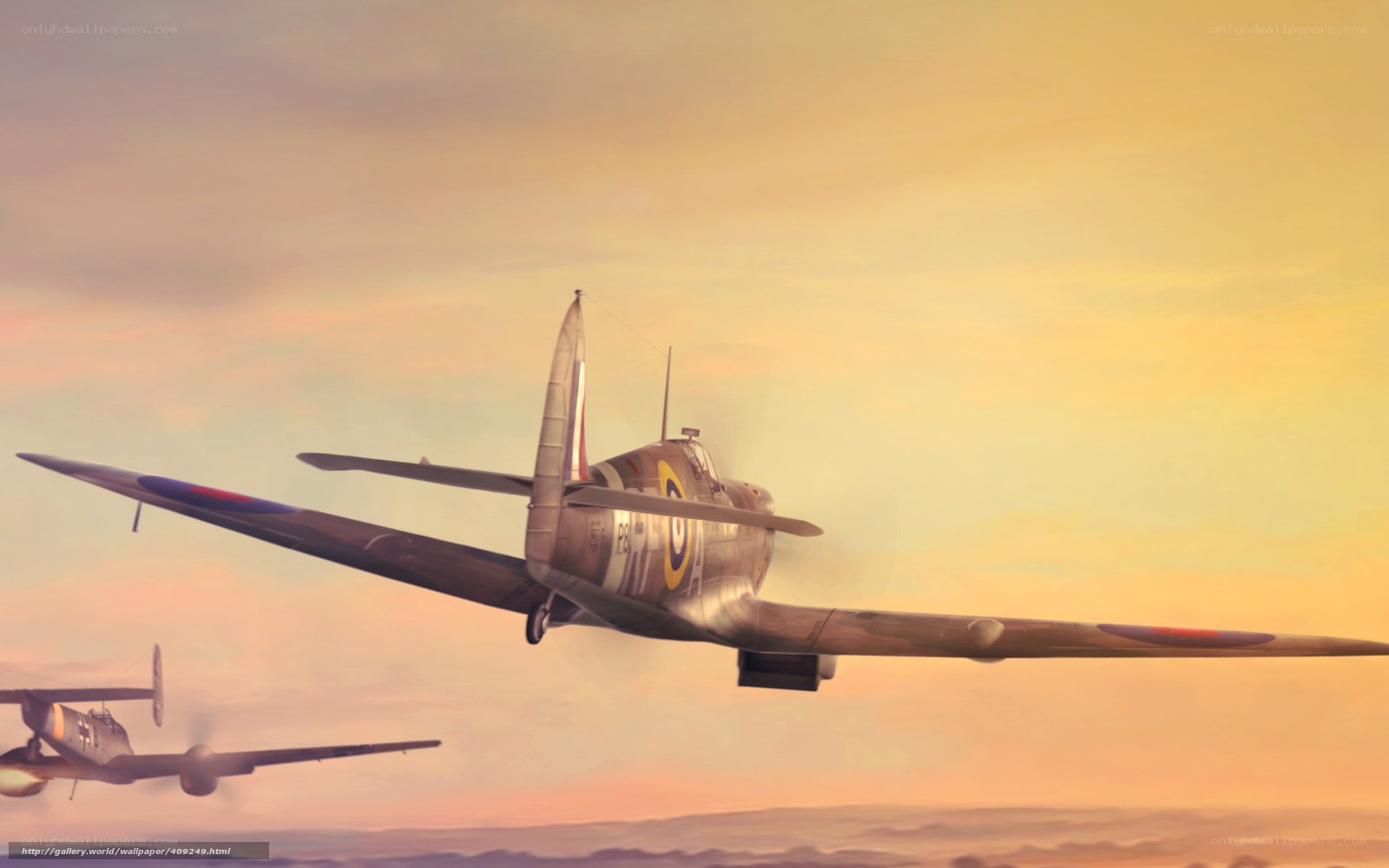 Spitfire in flight at sunset