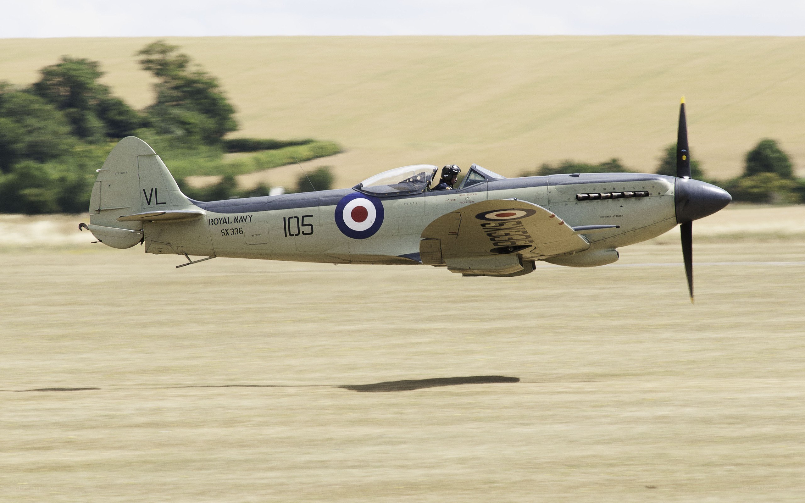 Spitfire in flight over field