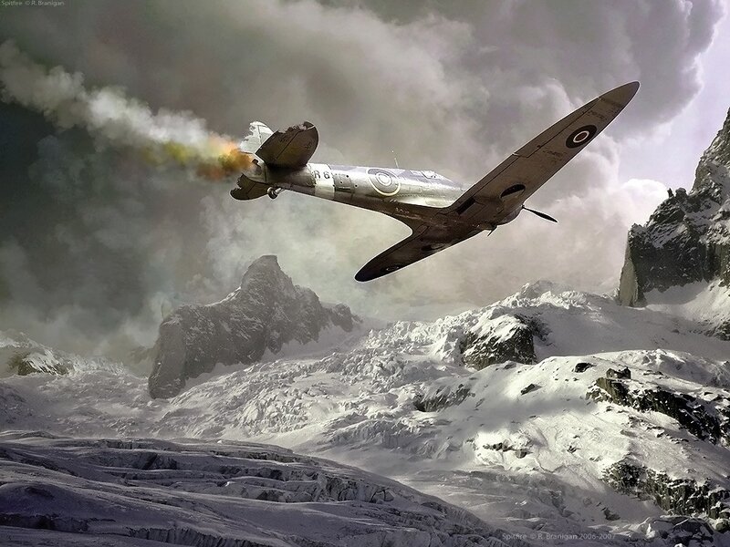 Spitfire Plane in Flight — Gray, Dramatic, Winter
