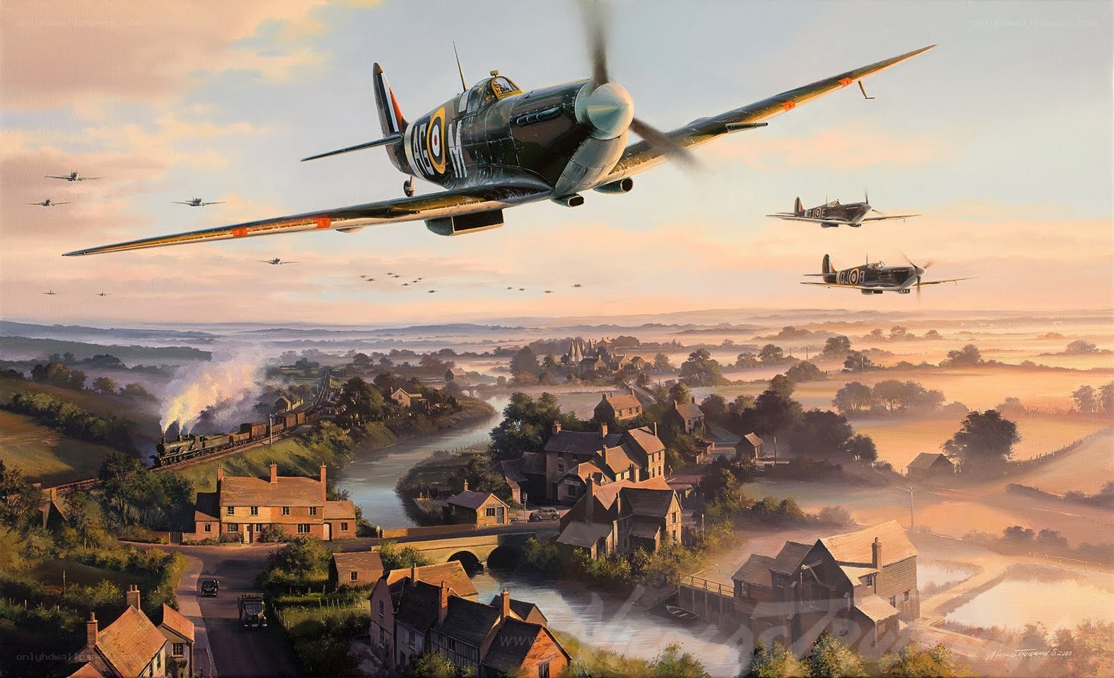 Spitfire planes over a village