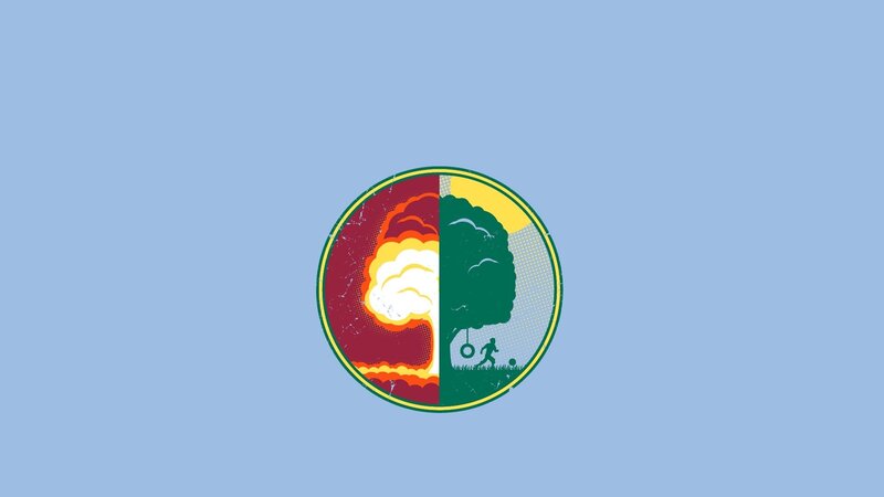 split circle with explosion and tree