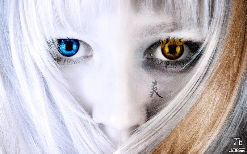 split-eyed character with white hair