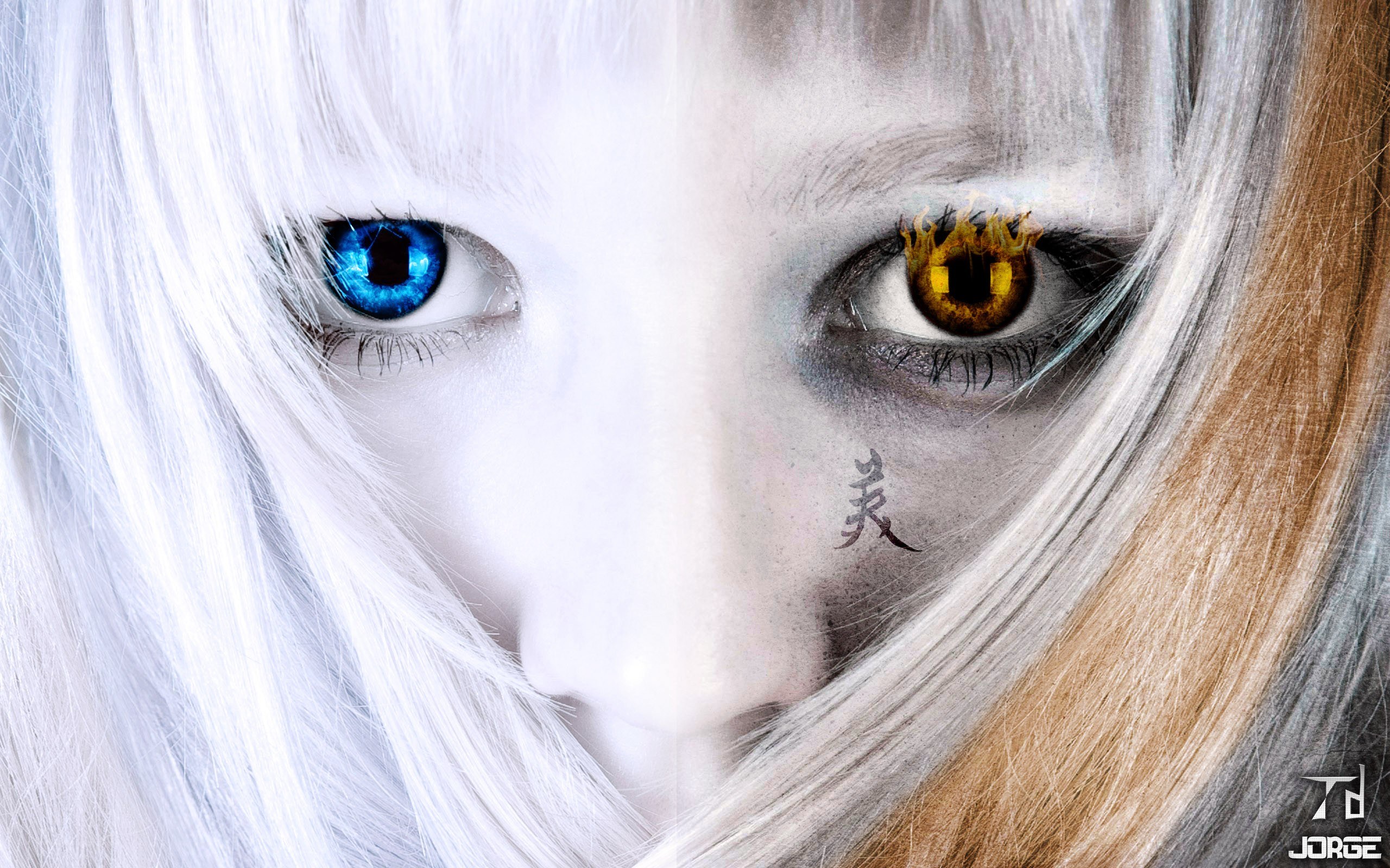 split-eyed character with white hair