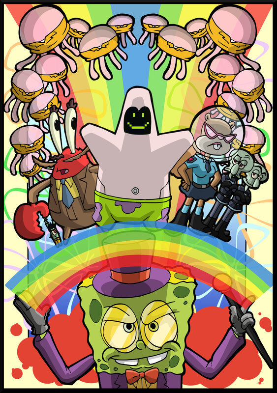 SpongeBob and friends in a colorful scene