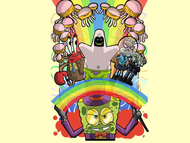 SpongeBob and friends in a rainbow scene