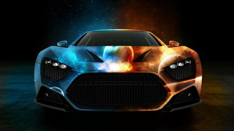 Sports Car with Galaxy Design — Blue, Dramatic
