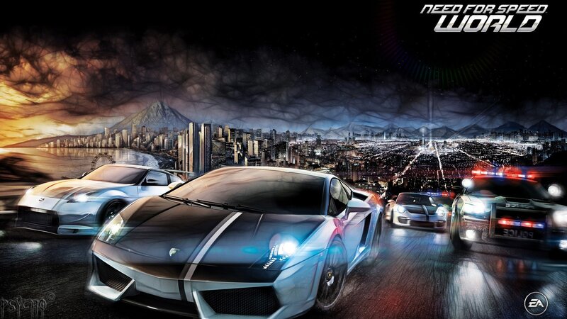 Sports Cars Racing — Black, Dramatic, Night, Digital Art, Police Car, Cityscape, Mountain