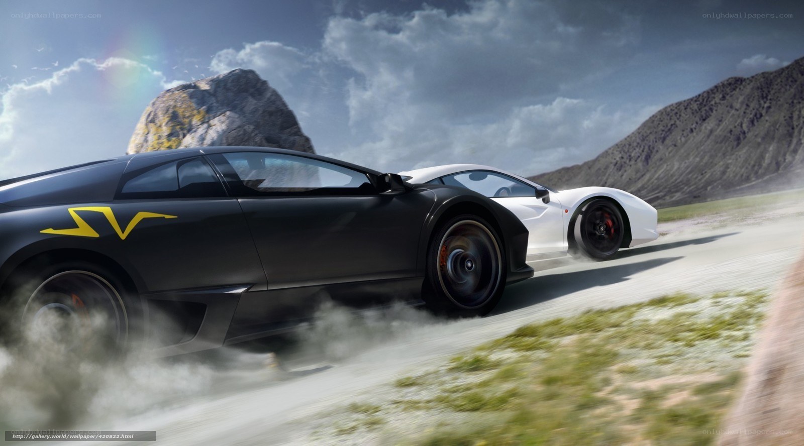 Sports cars racing on a dirt road