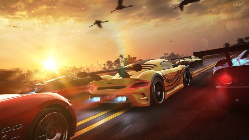 Sports Cars Racing — Yellow, Dramatic, Sunset