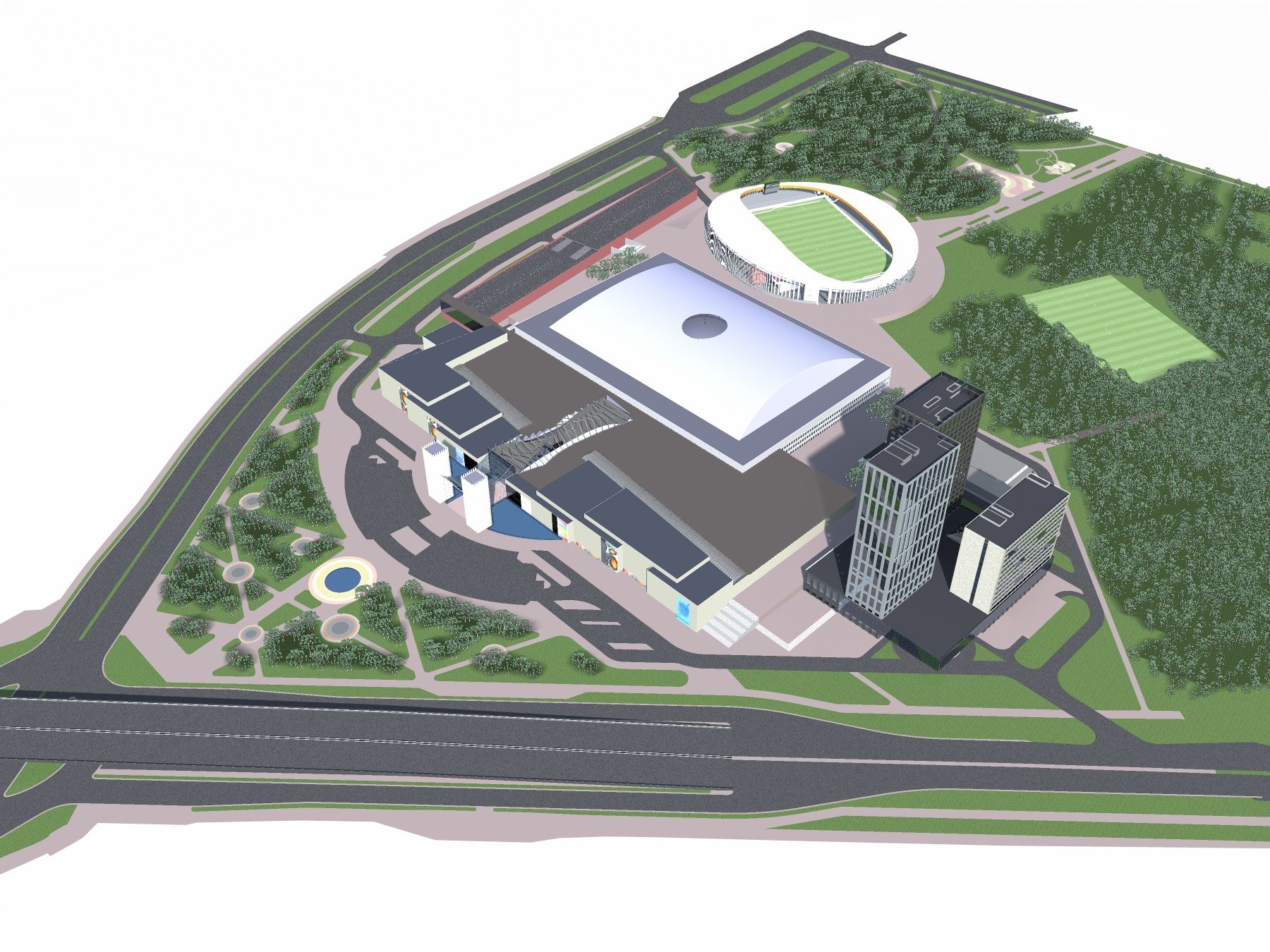 sports complex with stadium and buildings