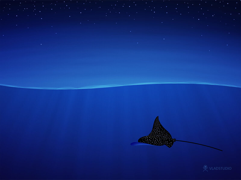 Spotted Eagle Ray — Blue, Serene, Night, Digital Art, Ocean