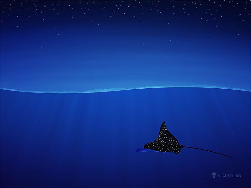 Spotted Eagle Ray — Blue, Serene, Night, Digital Art