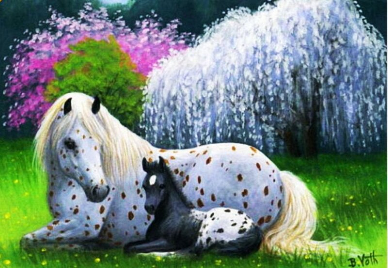 Spotted Horse and Foal — Green
