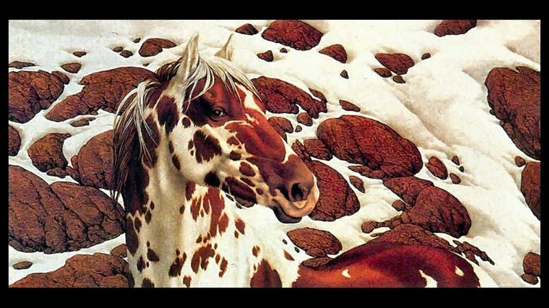 Spotted Horse in Snow — White, Calm, Winter, Painting