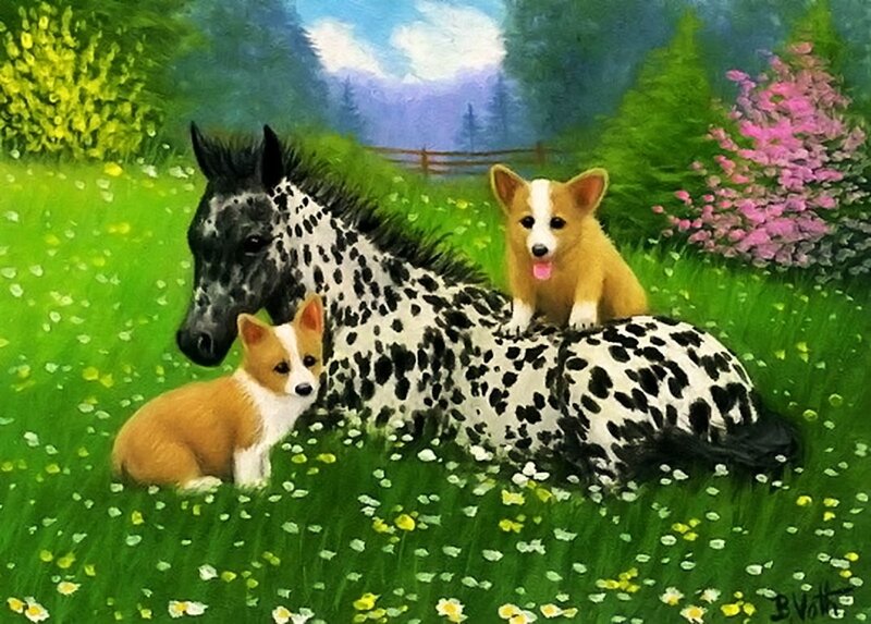 Spotted Horse with Corgi Puppies