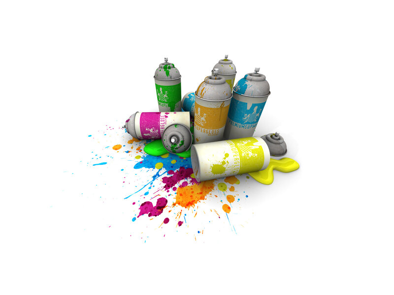 Spray Paint Cans — White, Vibrant, 3d Render, Paint Splatters