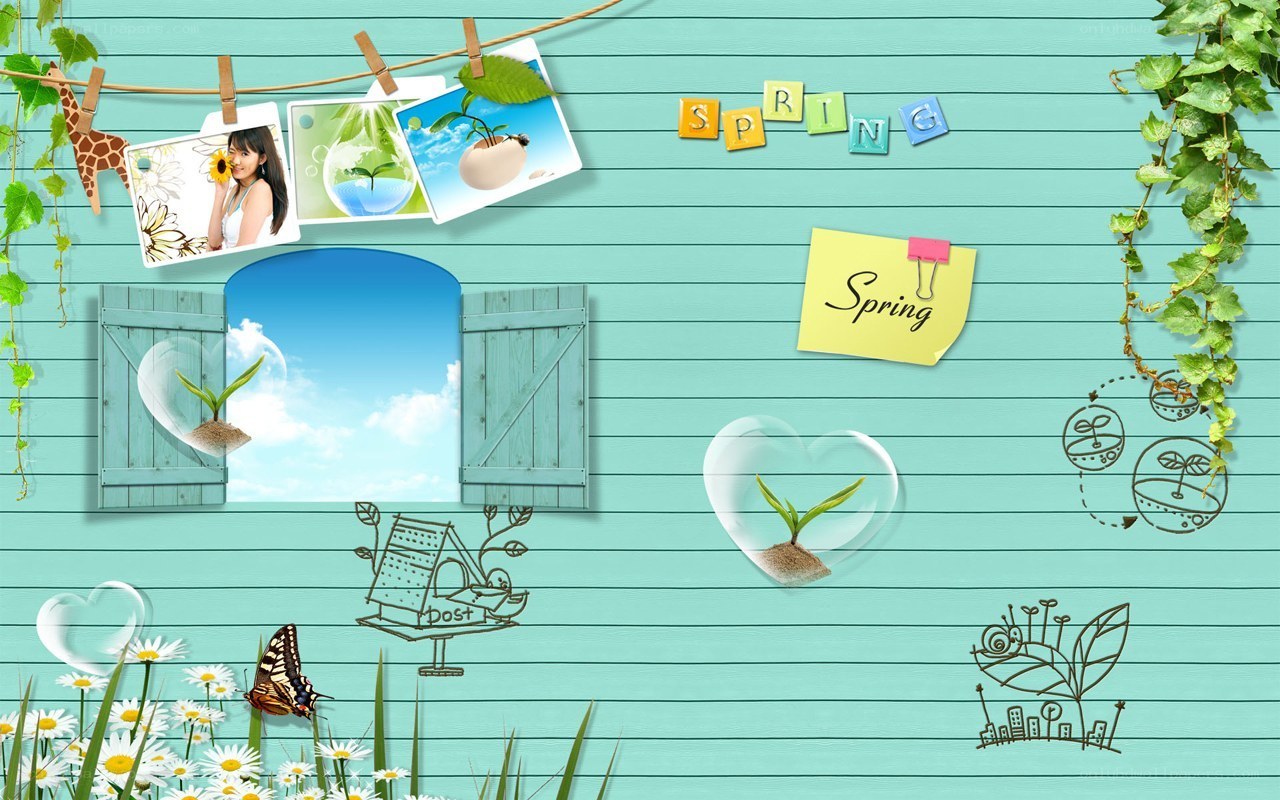 Spring collage with photos and plants