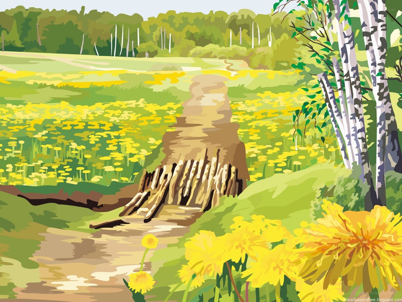 Spring field with dandelions