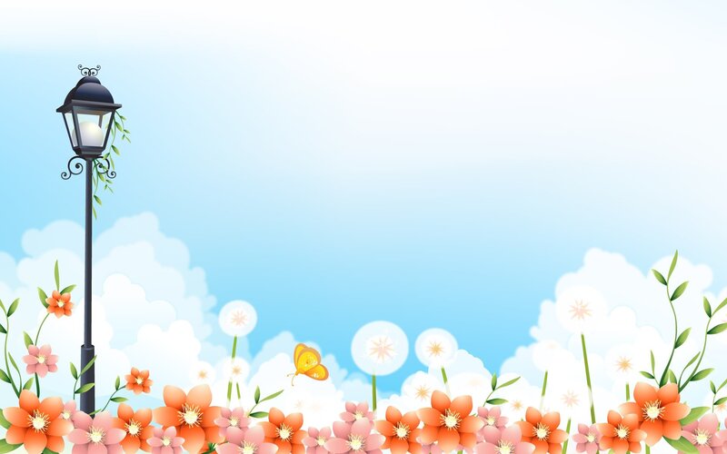 spring garden with lamp post