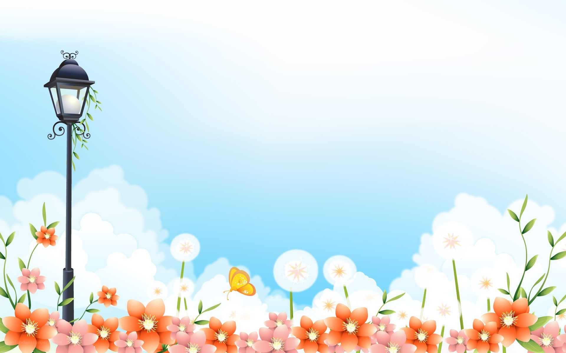 spring garden with lamp post