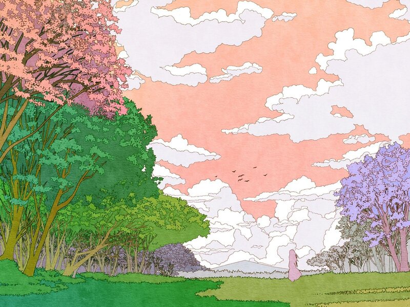 Spring landscape with cherry blossoms