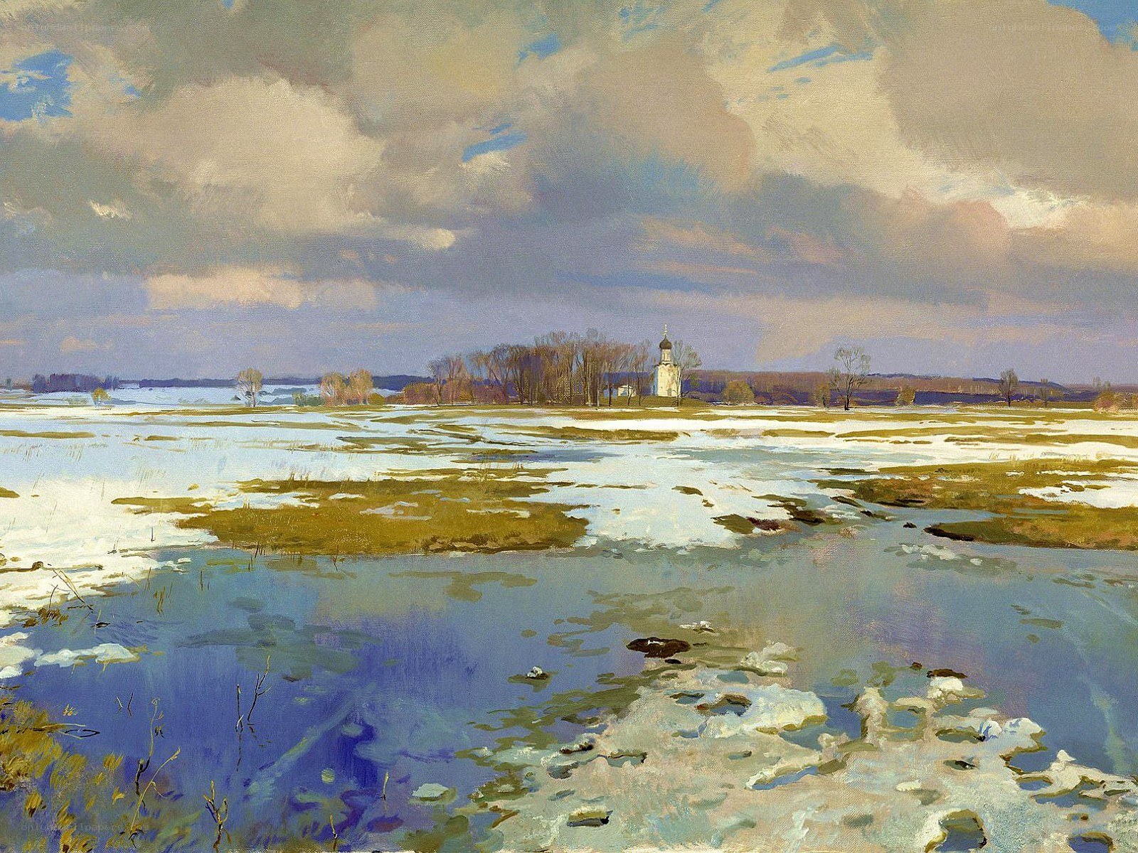 Spring landscape with church