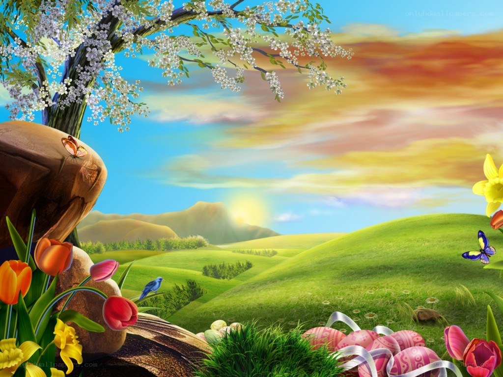 Spring landscape with Easter eggs