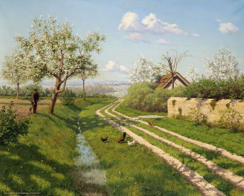Spring landscape with farmer