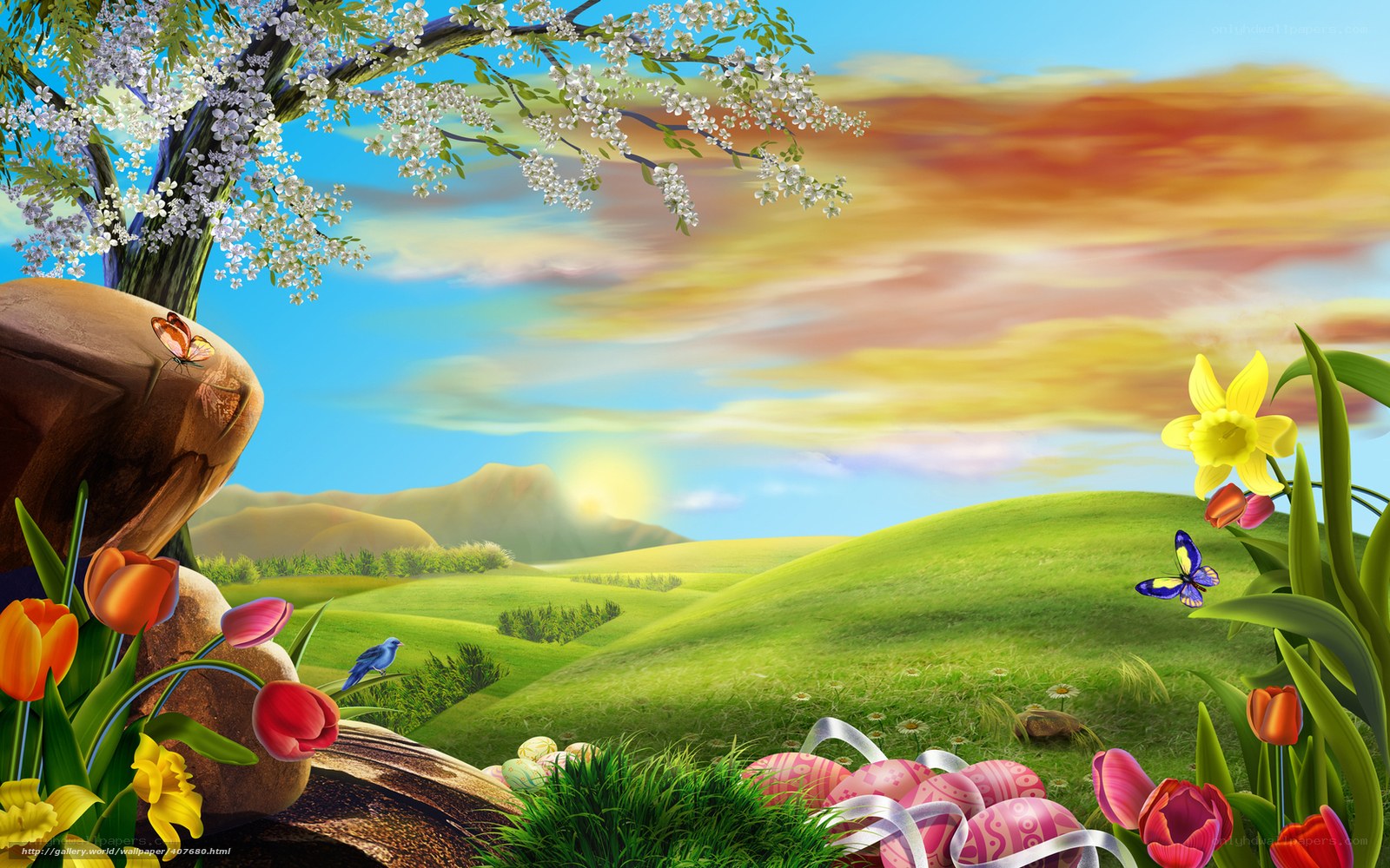 Spring landscape with flowers and eggs