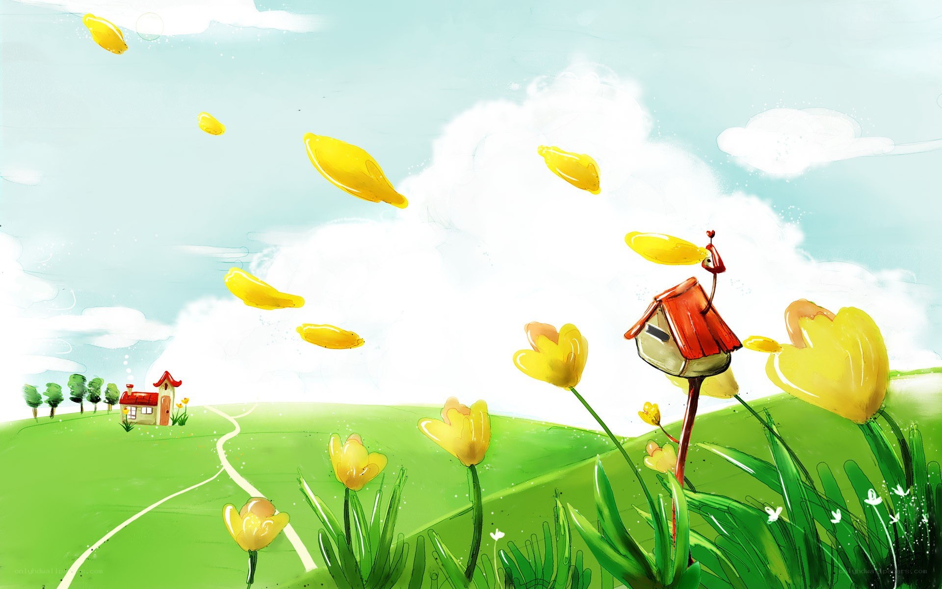 Spring meadow with flying petals